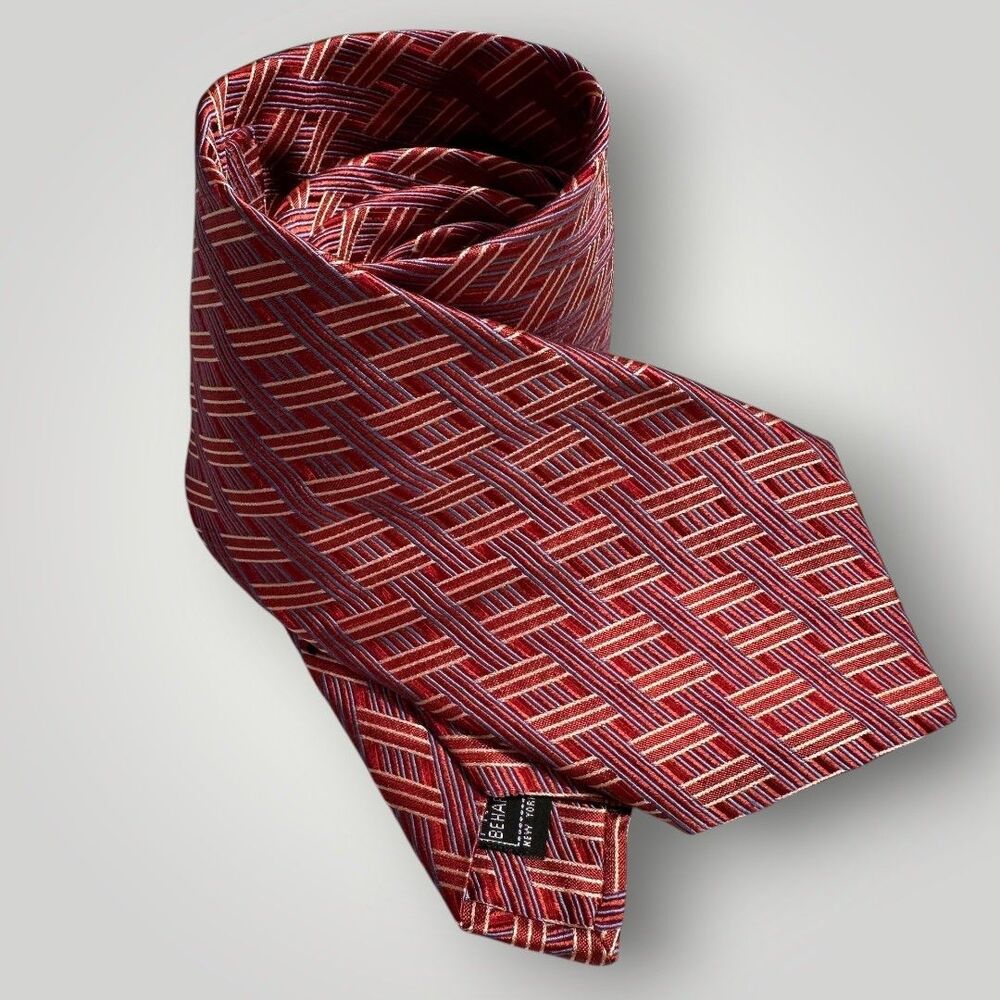 IKE BEHAR Tie Silk Tie Geometric 100% Silk Necktie Red/Cream Made in USA